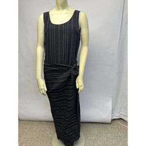 Jaeger Maxi Dress‎ Dark Navy Striped Linen Blend Sz 12 With Unique Tied Overlay